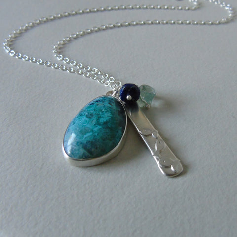 little fishes silver necklace with azurite chrysocolla gemstone