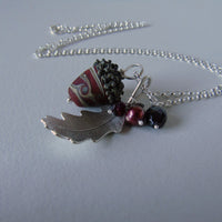 large silver oak leaf and russet swirl glass acorn necklace