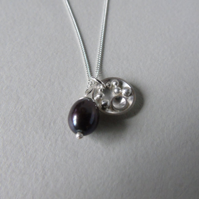 silver mini Selene necklace with black pearl