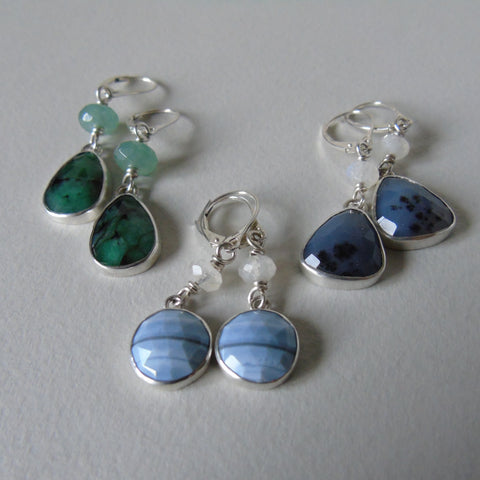 silver dangle earrings with opal, agate or emerald