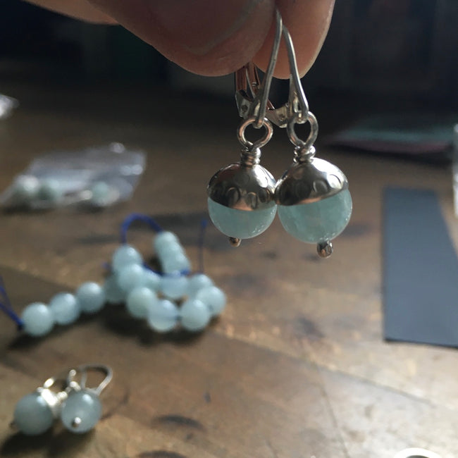 silver and aquamarine acorn earrings