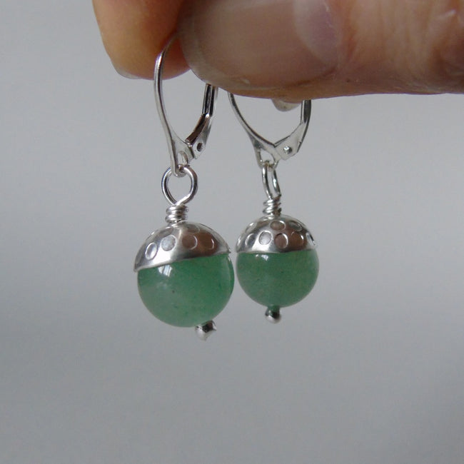 silver and prehnite or aventurine acorn earrings