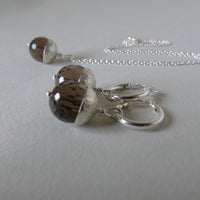 silver and smoky quartz acorn earrings