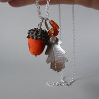 large silver oak leaf and orange glass acorn necklace