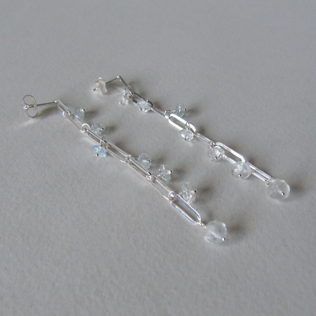 Long drop silver and aquamarine earrings