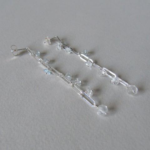 Long drop silver and aquamarine earrings