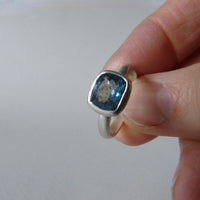 silver ring with cushion salt and pepper aquamarine