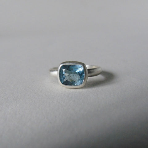 silver ring with cushion salt and pepper aquamarine