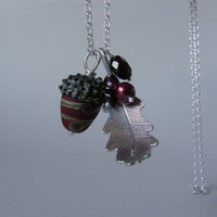 large silver oak leaf and russet swirl glass acorn necklace