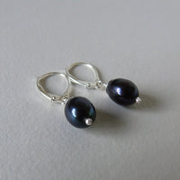 silver lever back earrings with black pearl drop