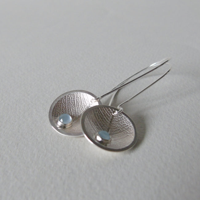 silver domed leaf earrings with dewdrop
