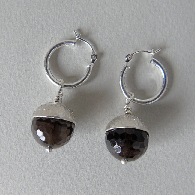 silver and smoky quartz acorn earrings