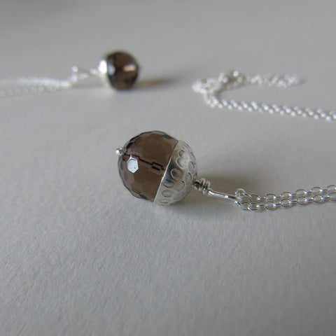 silver and smoky quartz acorn necklace