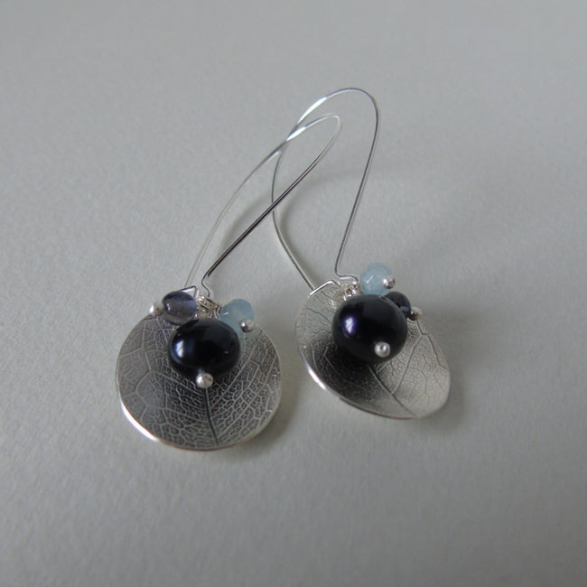 silver large leaf and iolite cluster earrings