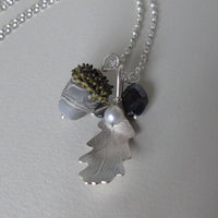 large silver oak leaf and grey glass acorn necklace