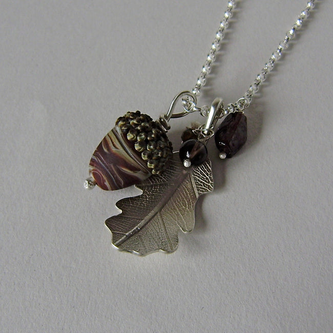 large silver oak leaf and chocolate glass acorn necklace