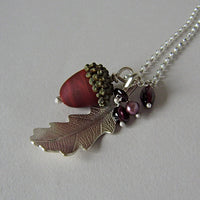 large silver oak leaf and russet glass acorn necklace