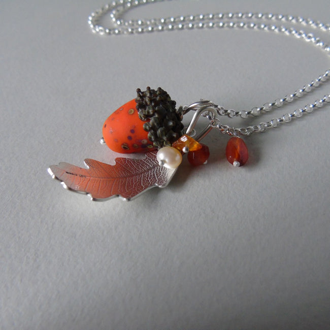 large silver oak leaf and orange glass acorn necklace